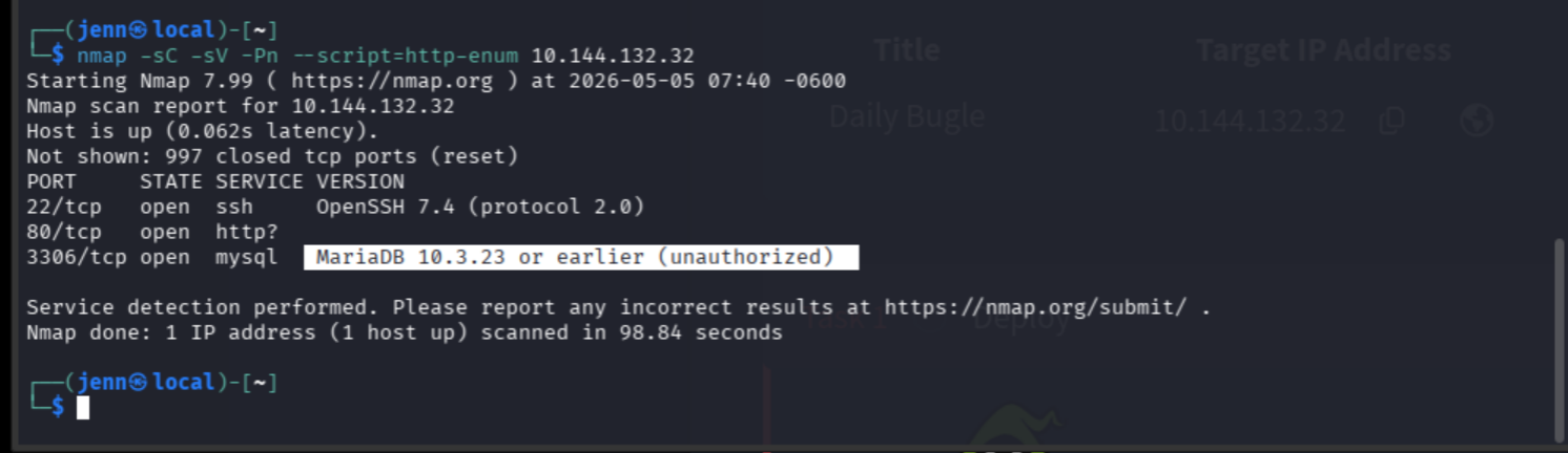 nmap scan with http-enum showing open ports and services